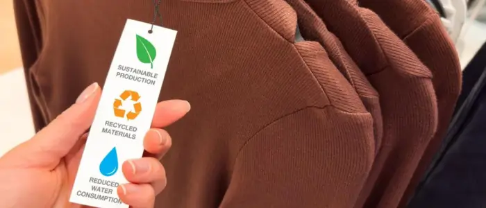 a person holding a tag on a shirt with a green label