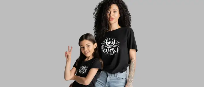 mother and daughter wearing custom black shirts on mothers’ day