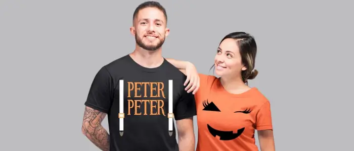 couple wearing matching t-shirts with the words "peter" and "peter" - couples halloween costume ideas