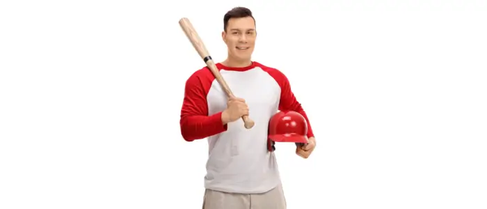 a man holding a baseball bat and helmet, wearing a customized men's baseball jersey shirt