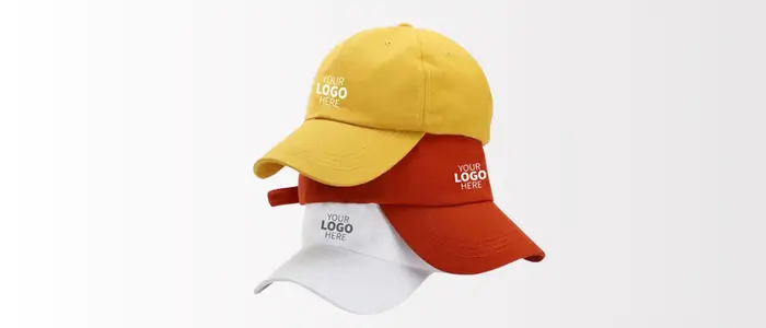 three hats with custom logos on them