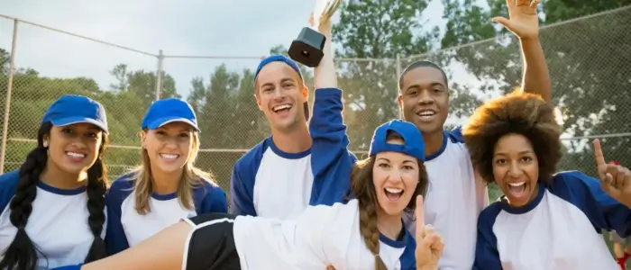 a group of people in custom baseball jerseys posing for a photo on a baseball field