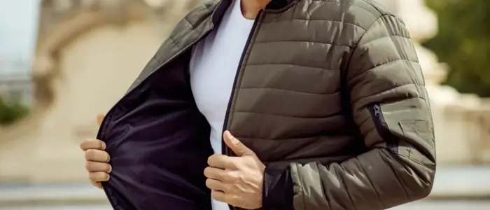 a man in a green puffer bomber jacket 