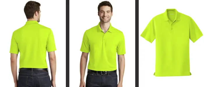 a man wearing a yellow port authority k110 polo shirt