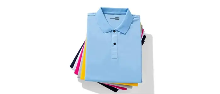 blue polo shirt with red, green, yellow, and white accents