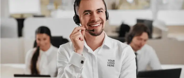  professional man wearing headset in office, with custom work shirts