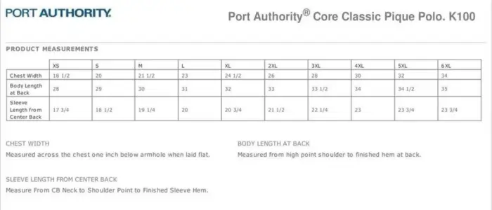 size chart of port authority k100 polo