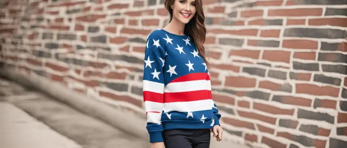 woman wearing custom american flag sweatshirt