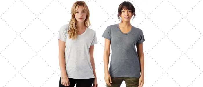 two women in different colure athletic t-shirts