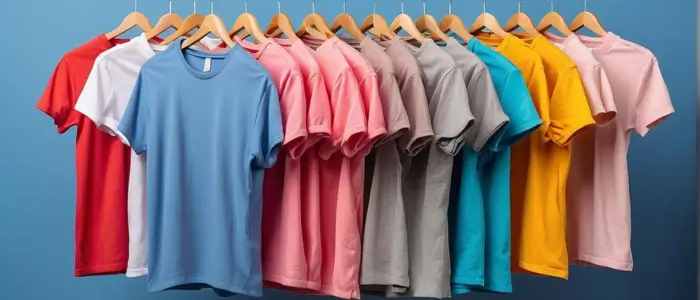 colorful wholesale t-shirts displayed on hangers