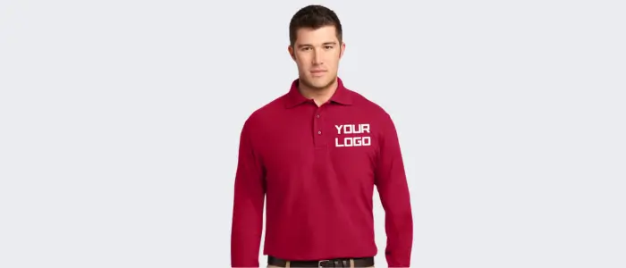 a man in a custom long sleeve red polo shirt