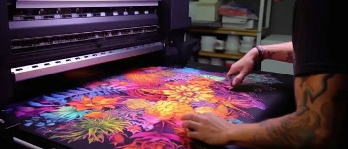 a man operating a large printer for digital screen printing