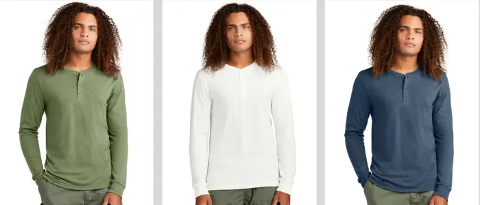 men wear district dt145 perfect tri long sleeve henley shirt with different color 
