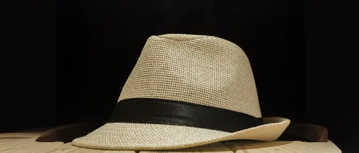 fedora hat displayed on wooden table