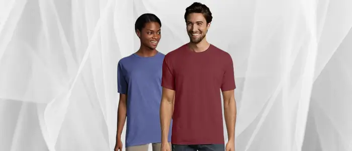 two people in matching garment-dyed t-shirts