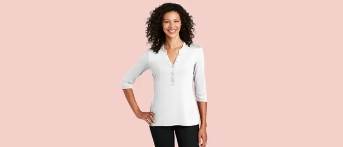 woman in white shirt and black pants, wearing ladies uv choice pique henley