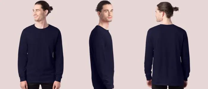 a man in a navy long sleeve t-shirt