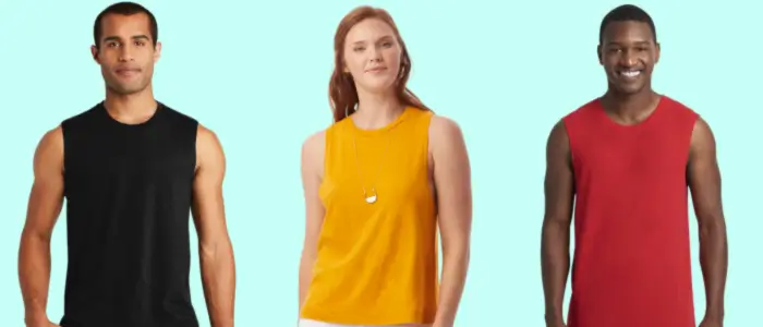 three people in muscle tank tops each in a different colour