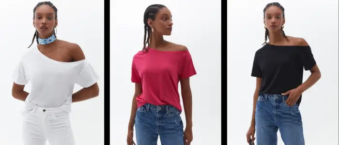 three women in off-shoulder t-shirts, each in a different colour