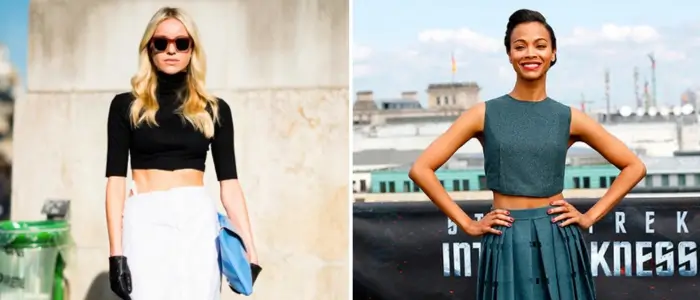 two women in crop tops and skirts, office wear attire