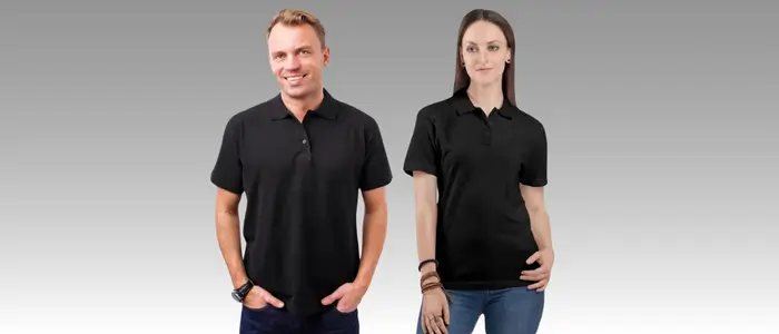 a man and woman wearing black polo shirts