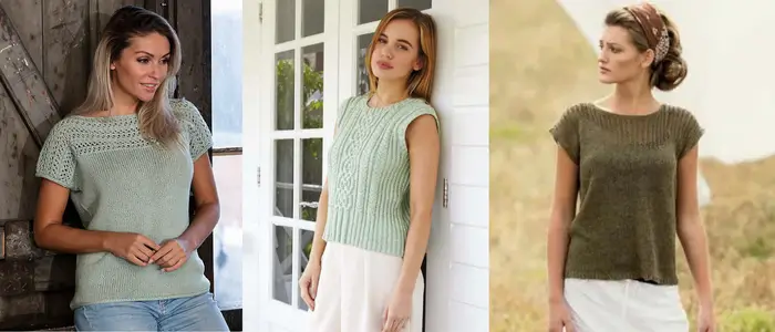 three women wearing knit tops, highlighting a range of knitwear fashion