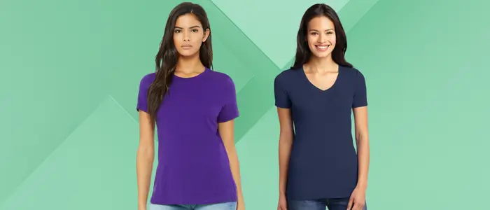 two women wearing purple and blue t-shirts