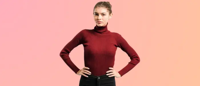 woman in red turtle neck shirt