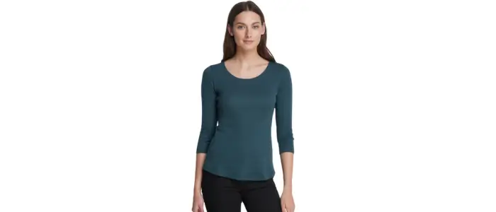  a woman in a u-neck t-shirt