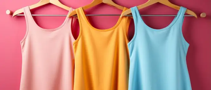 three wholesale tank tops in vibrant colors hanging on a hanger