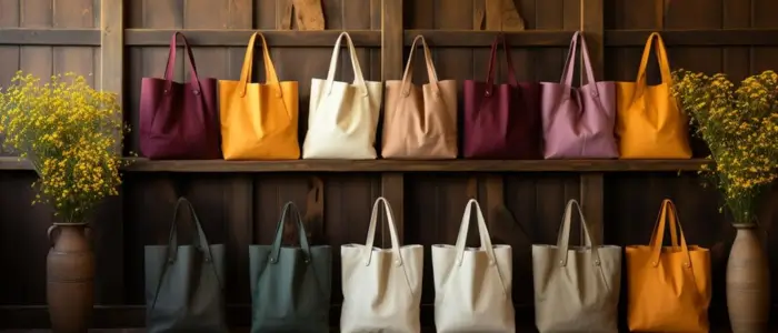  colorful wholesale tote bags neatly displayed on a wooden shelf