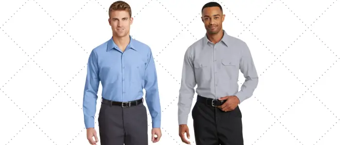 two men in blue and gray work shirts