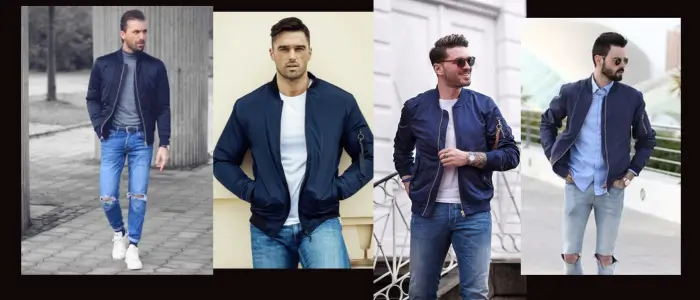 people in blue bomber jacket 