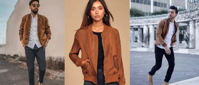 three people wear brown bomber jacket