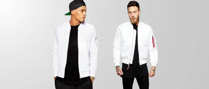 two men wear white bomber jacket with black jeans