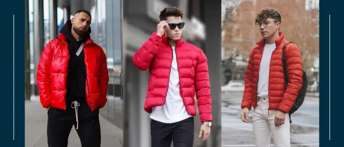 three people wearing red puffer jacket 