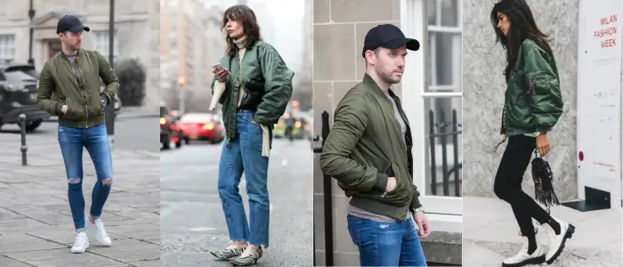 four people wear green bomber jacket