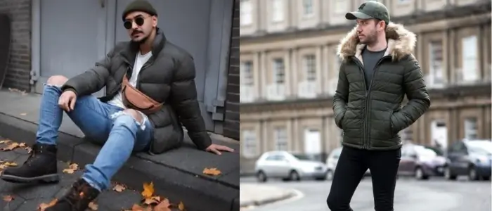 two men wearing green puffer jackets