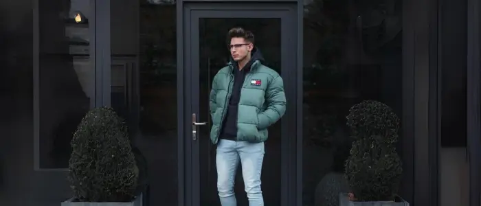 men in green causal puffer jacket 