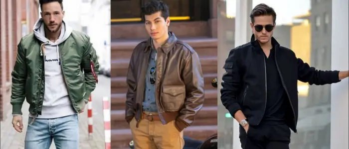 three men in leather bomber jacket