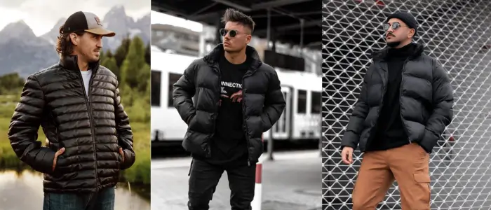 three men showcase various styles of puffer jackets in distinct colors and designs