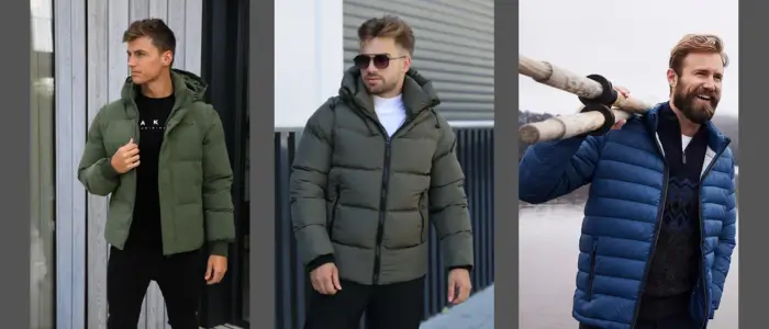 men's wear puffer jackets in different styles ans colour