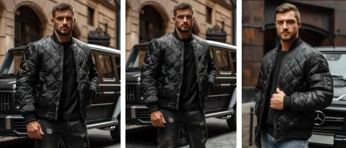 men wearing quilted bomber jacket