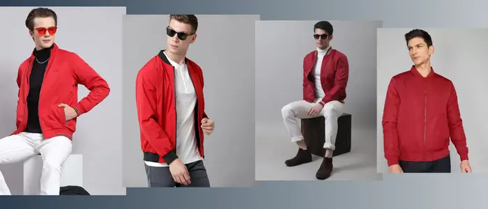 four men in red bomber jackets for outdoor activity 