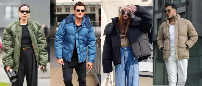 people wearing different style of puffer jacket