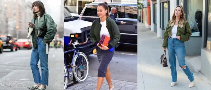 three women in jeans and green bomber jacket