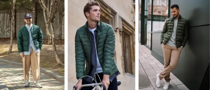 three men wearing green puffer jackets