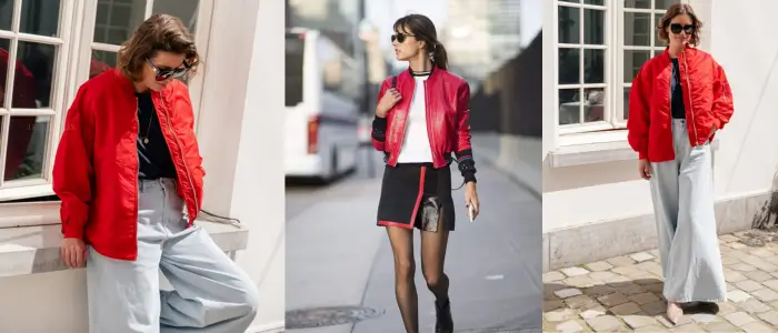 two woman in a red bomber jacket