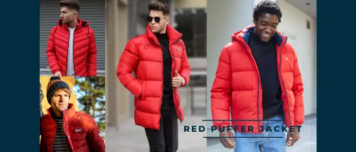 men's in red puffer jacket and black shit