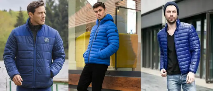 three man wearing blue buffer jackets for different occasions